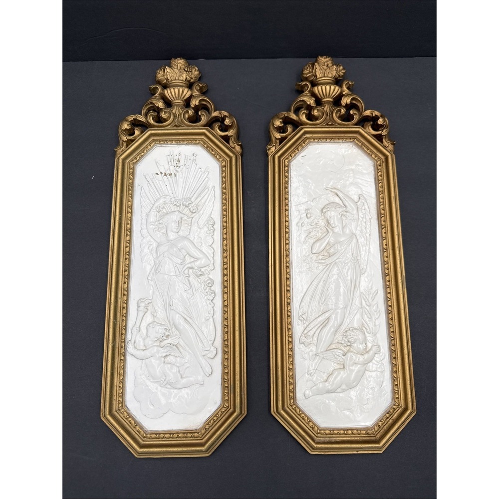 Vtg Dart Angel Cherubs Goddess Wall Plaques Ornate Gold Frame Hollywood Regency